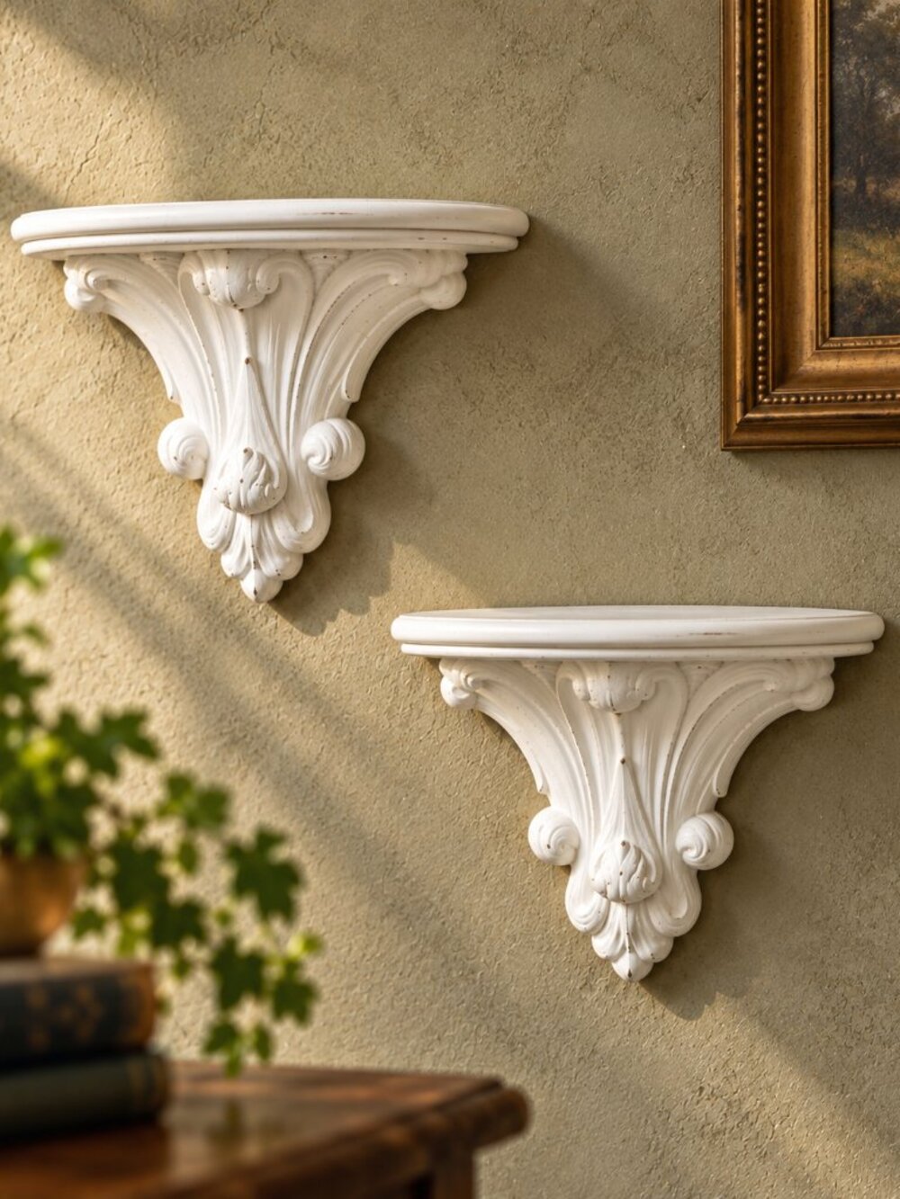 Pair Syroco Wood Accent Shelves White Acanthus Leaf Design Half Round